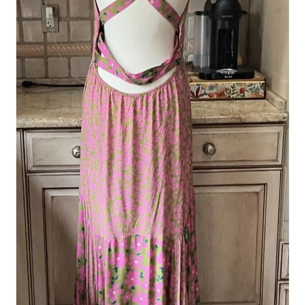 Free People Dewberry Floral Maxi Dress Printed Button Back CrossStrap Pink Olive - Picture 5 of 5
